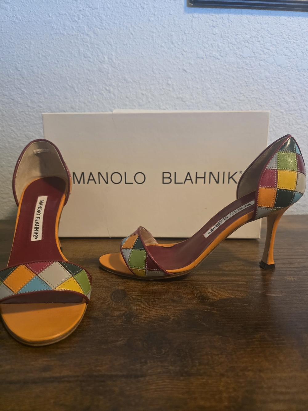 Manolo Blahnik Multicolor Patchwork Open-Toe D'Orsay Heel